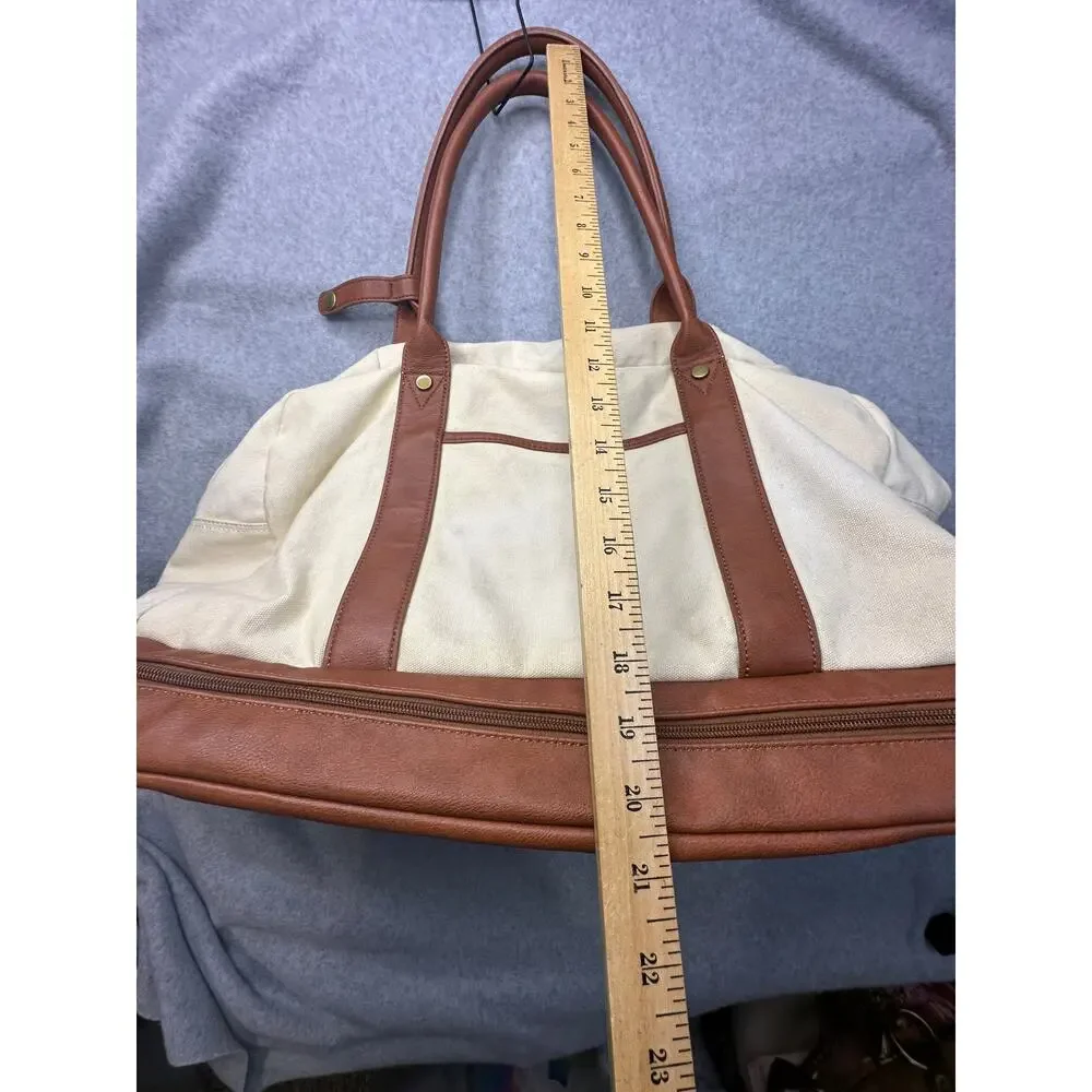 Cream Canvas Weekender Bag Faux Leather Trim Travel